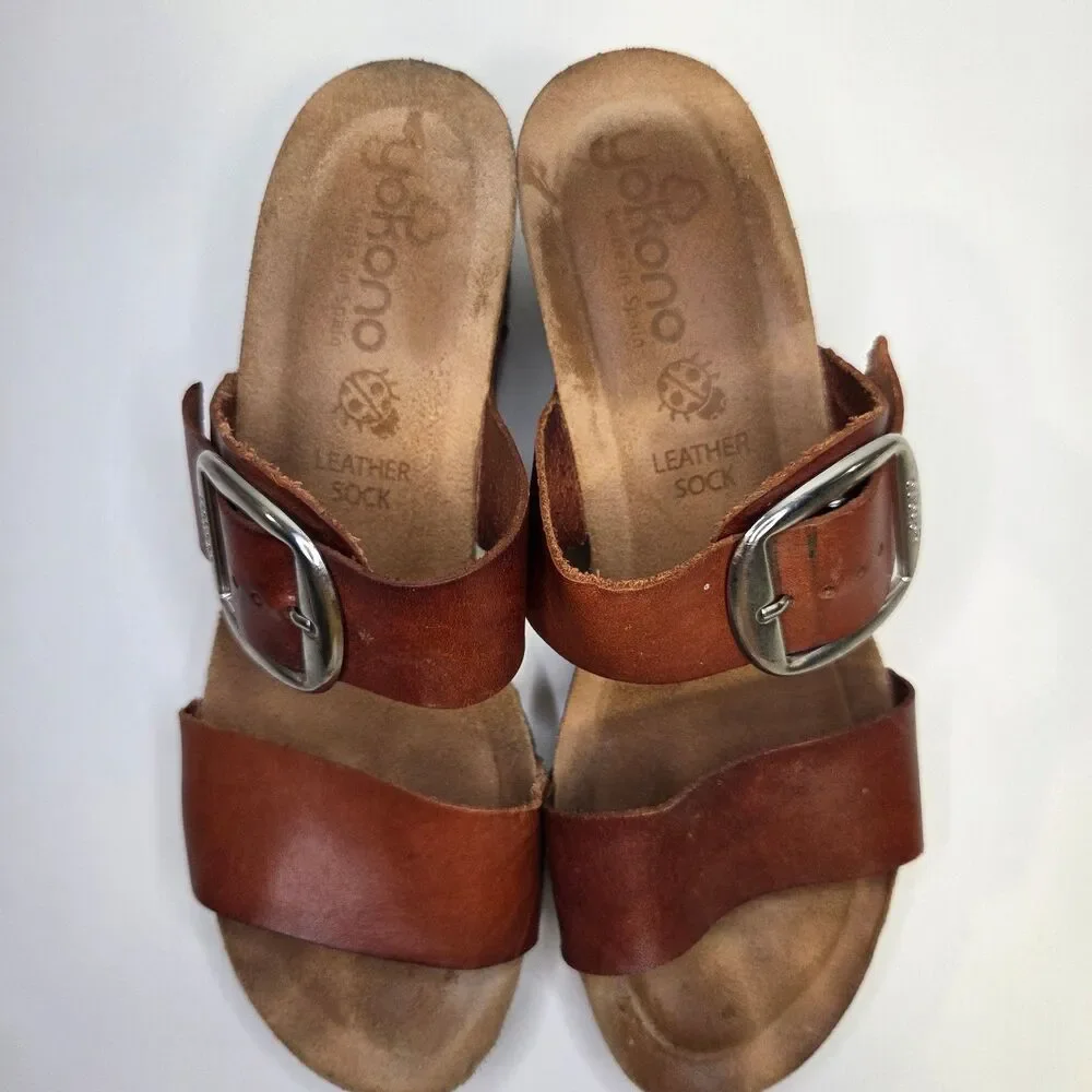 Yokono Brown Leather Wedge Buckle Slide Sandals Size 8 Spain